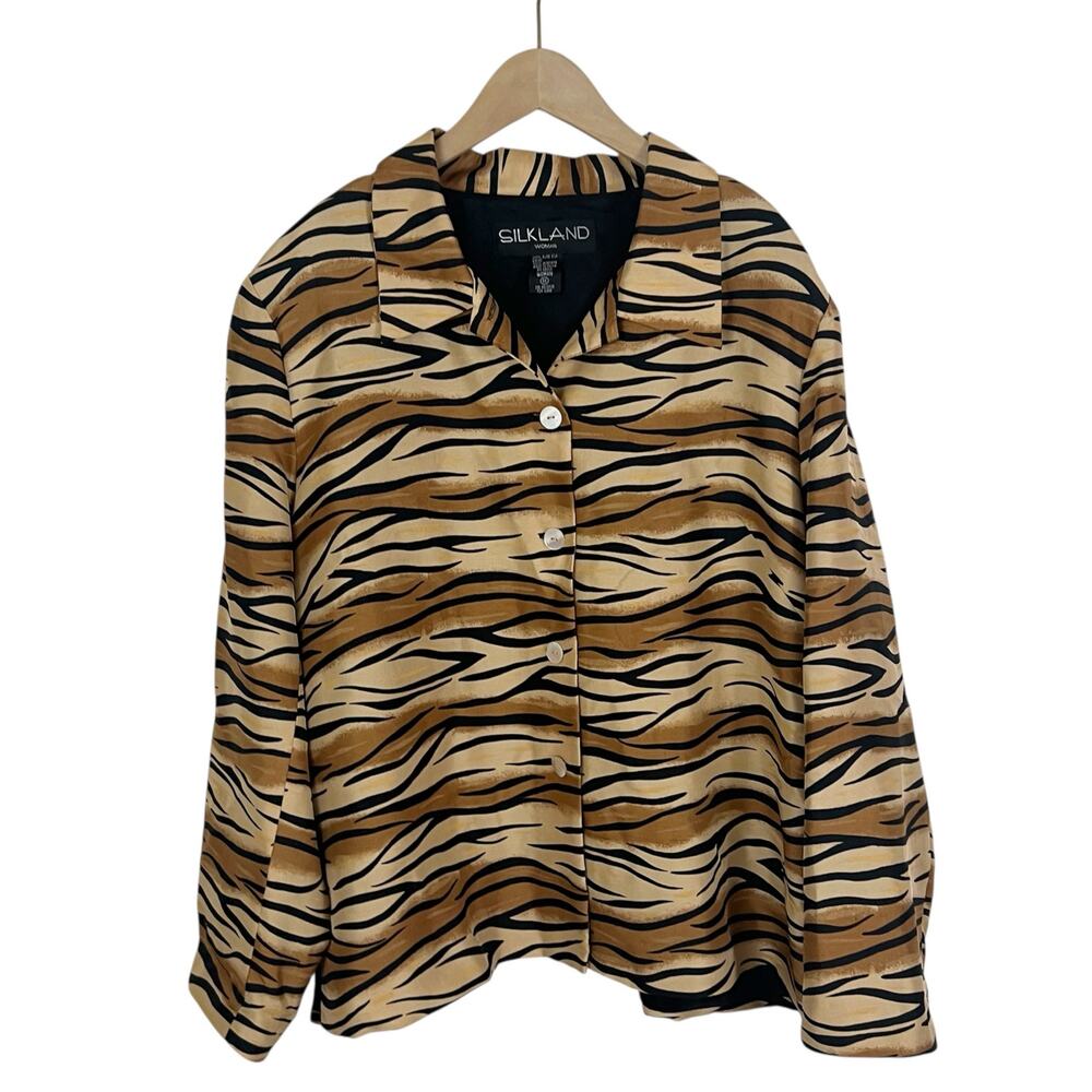 Silkland Woman 100% Pure Silk Tiger Animal Print Blazer Jacket Size 1X
